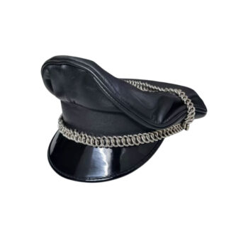 Black Genuine Leather Biker Army Fetish Peak Muir chain cap