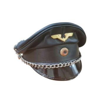 Finest Soft Real Leather Muir peaked Hat with chain, biker officer Fetish cap